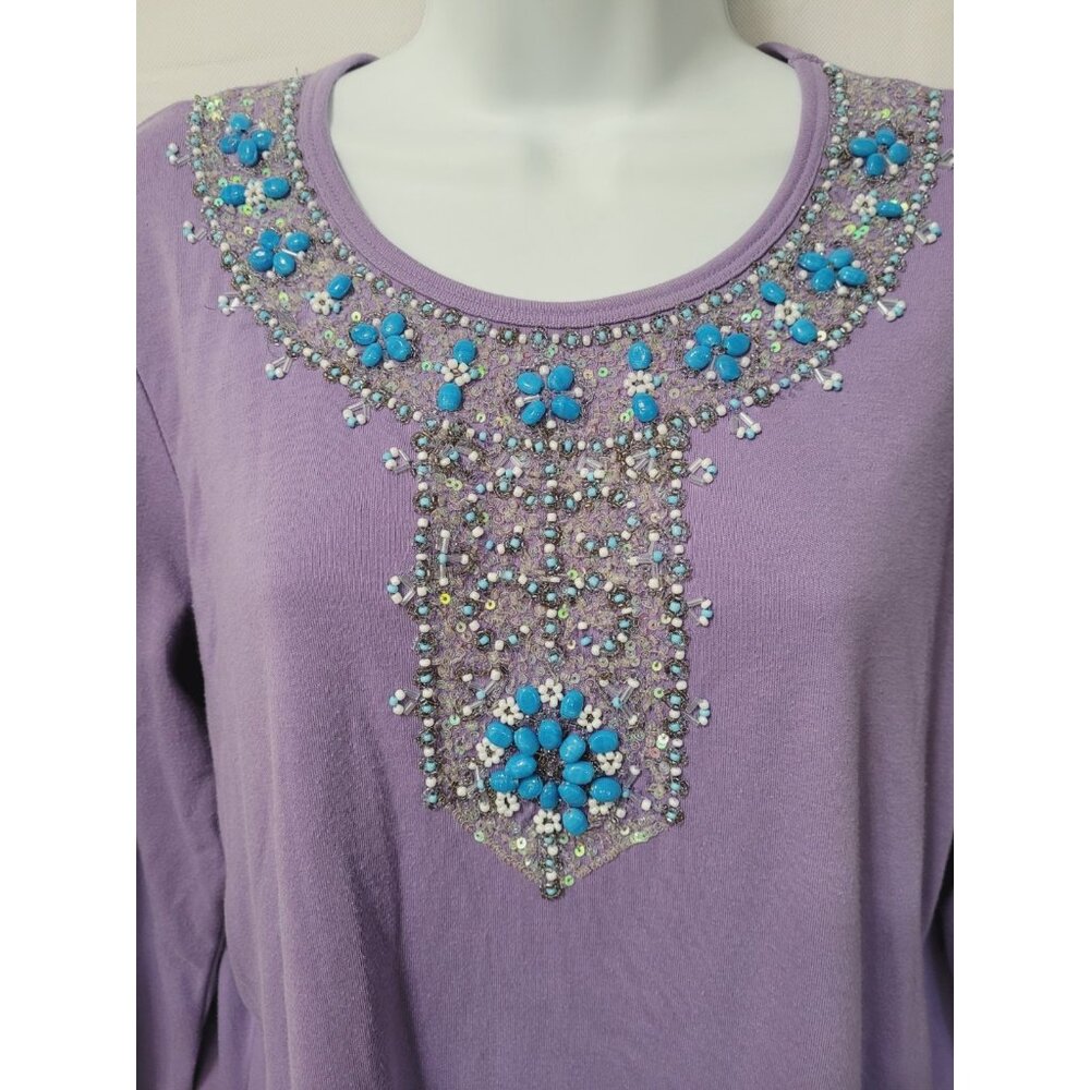 Quacker Factory Shirt Womens M‎ Purple 3/4 Sleeve Beaded Sequin Knit Top Boho